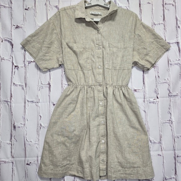 Abercrombie Fitch Babydoll Mini Dress‎ Linen Cotton Button Pockets Beige Size S